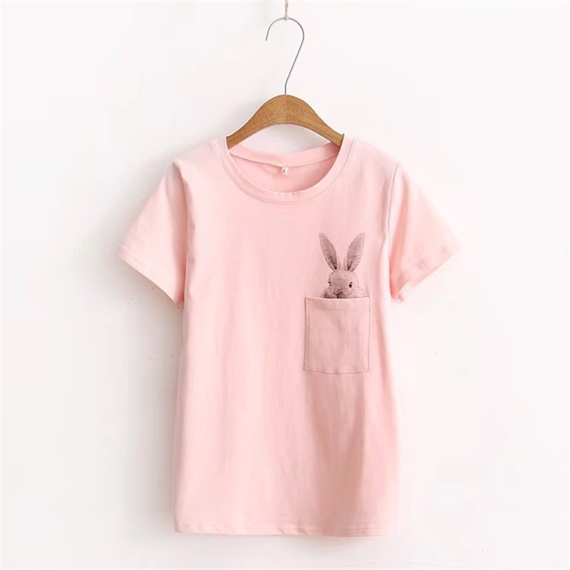 2017 Hot Sale Summer Sweet T-Shirt Pure Cotton Rabbit Printed Holiday Casual Tshirt Short-Sleeve T Shirt O-Neck Women Tops 12