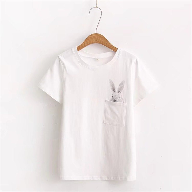 2017 Hot Sale Summer Sweet T-Shirt Pure Cotton Rabbit Printed Holiday Casual Tshirt Short-Sleeve T Shirt O-Neck Women Tops 13