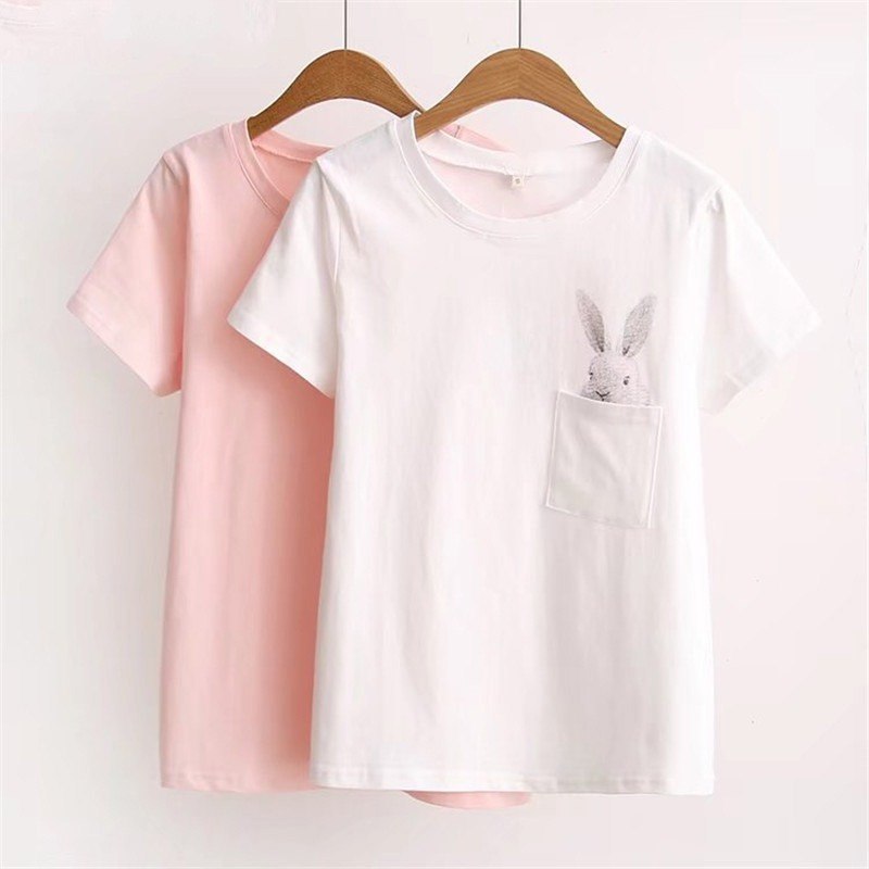 2017 Hot Sale Summer Sweet T-Shirt Pure Cotton Rabbit Printed Holiday Casual Tshirt Short-Sleeve T Shirt O-Neck Women Tops 11